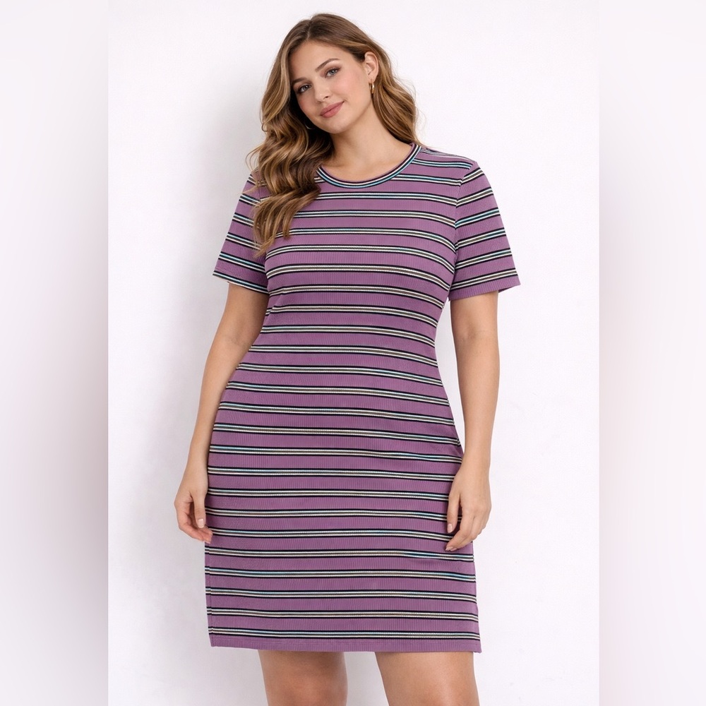 ZUDIO Women Purple and Black Striped Short stretchable Dress (Size L)